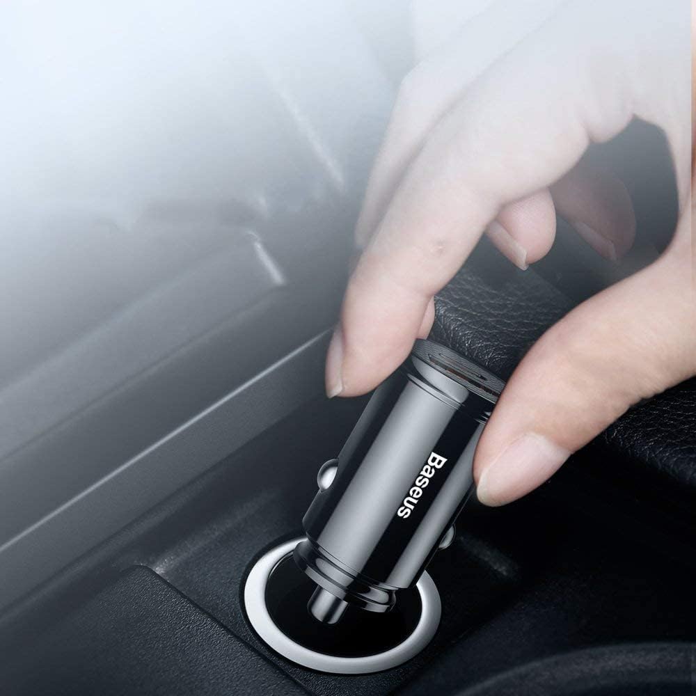 Baseus Smart Fast Car Charger 30W Dual Port USB & USB-C Adapter, Supports QC4.0 PD3.0 SCP AFC VOOC, Compact 12V-24V Car Charger with LED Light & Multi-Layer Safety Protection — Black