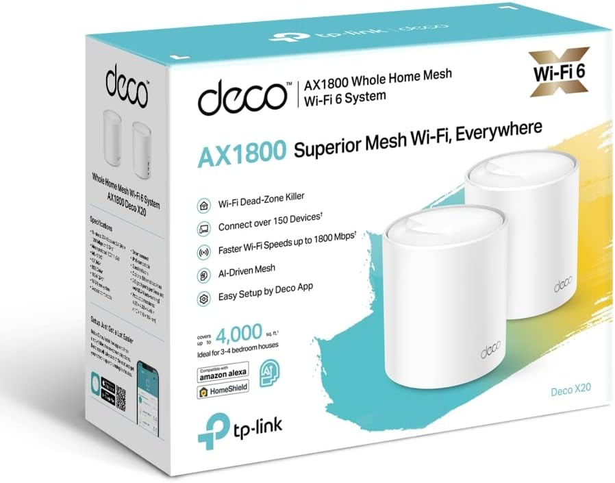 TP-Link Deco X20 AX1800 Whole Home Mesh Wi-Fi 6 System, AI-Driven Mesh, Up to 4,000 sq ft Coverage, 1 GHz Quad-Core CPU, Compatible with Amazon Alexa, With TP-Link HomeShield's kit, Pack of 2, White