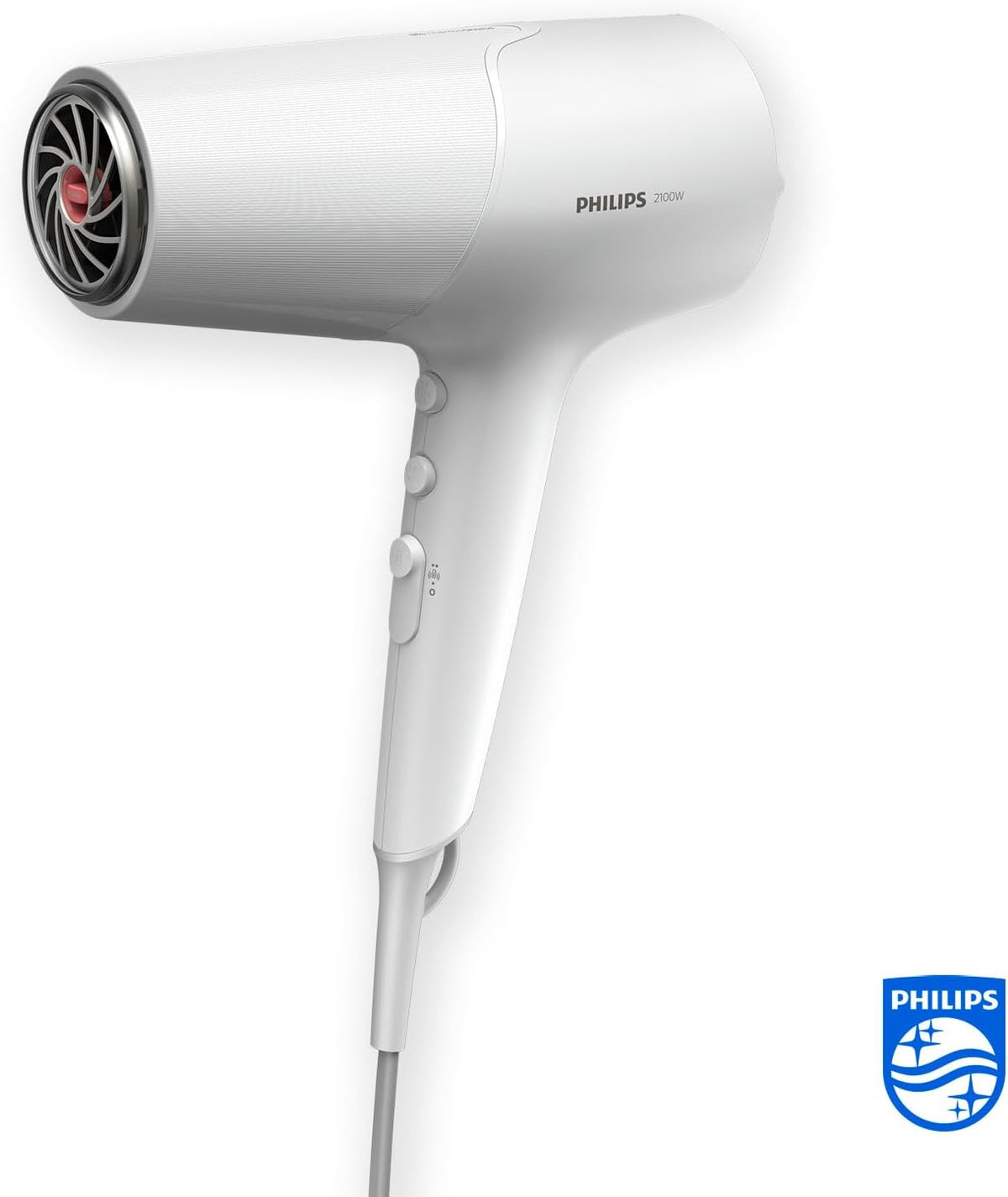 Philips -Hair Dryer 5000 Series, ThermoShield Technology, Ionic Care, 2100 W, White, with Styling Nozzle and Volume Diffuser, Model BHD500/20 — White/Metallic