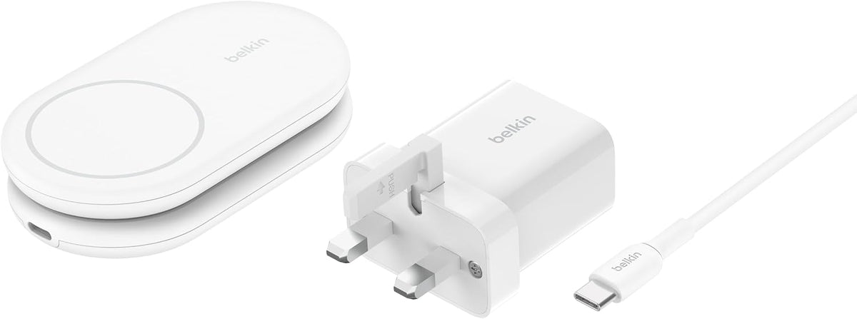 Belkin Fast Charge MagSafe Charger, Magnetic Foldable Wireless Charging Stand 15W, MagSafe-Compatible Portable Fast Charger for Qi2, iPhone 16, 15 & 14 Series, Standy Mode Ready, PSU Included - White