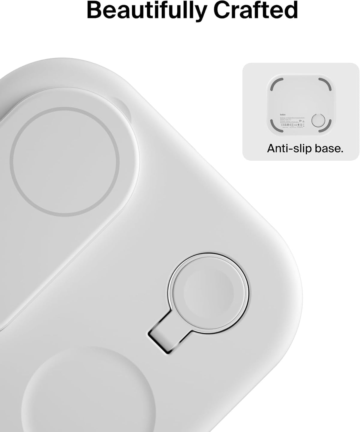 Belkin MagSafe Charger, Fast Charge 3-in-1 Qi2 Magnetic Foldable Charger 15W Fast Charger for Apple iPhone 15, Apple Watch, AirPods with Non-Slip Base, Power Supply Module - White