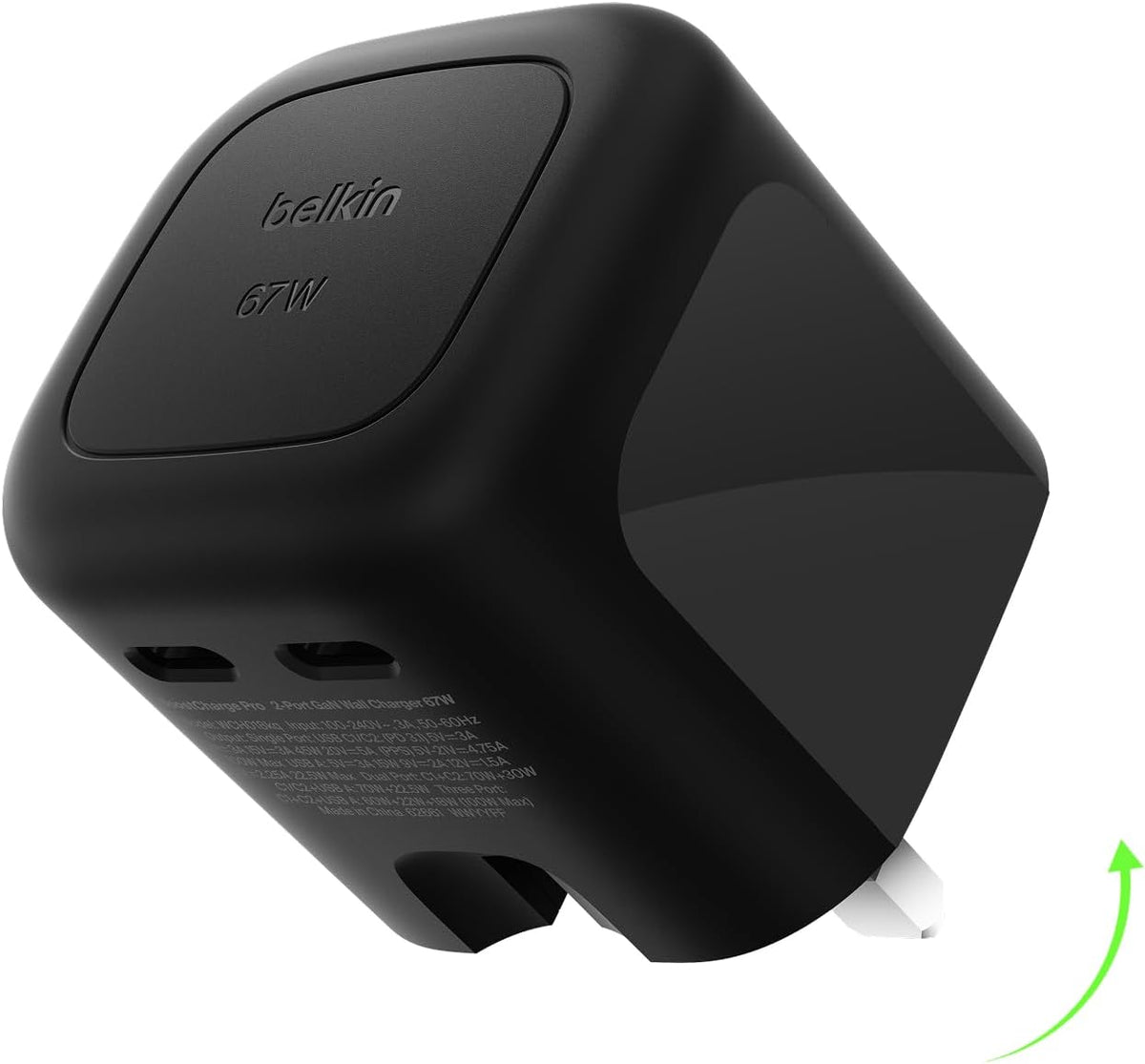 Belkin 2-Port USB C Plug 67W, Dual-Port GaN Charger with 2x USB C Ports, Fast Charging for MacBook, iPhone 17, iPad Pro, Chromebook, Galaxy S25 Ultra, Pixel 10, etc. - Travel Essentials - Black