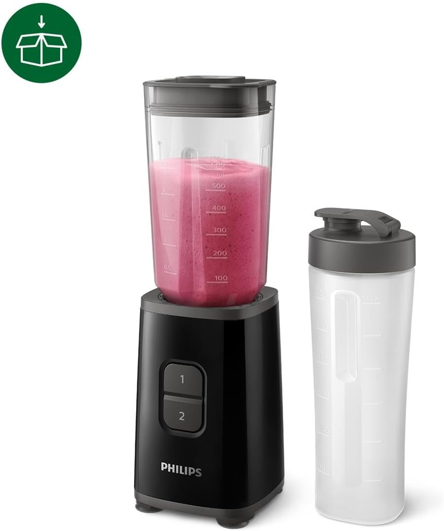 Philips Daily Collection Mini Blender and Smoothie Maker, 350W, 1L Jug, On-the-go Tumbler, Dishwasher Safe, Recipe App, 2 Speeds, Ice Crush, Quick Clean, Deep Black (HR2602/91) — black