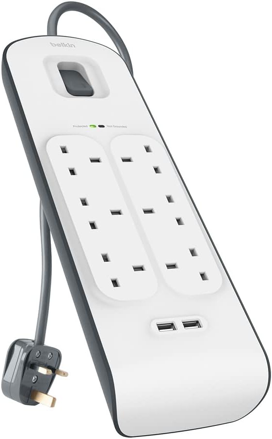 Belkin 6 Way/6 Plug Surge Protection Strip With 2 Meters Cord Length - Heavy Duty Electrical Extension Socket With 2 X 2.4 A Shared Usb Ports