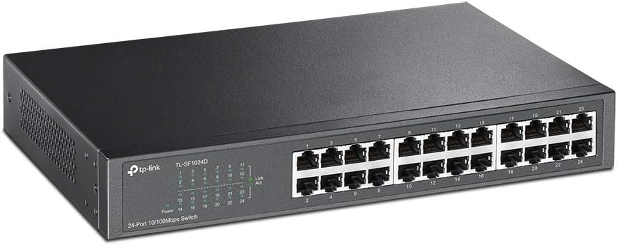 TP Link 24 Port 10/100Mbps Fast Ethernet Switch Plug & Play Desktop/Rackmount Sturdy Metal w/Shielded Ports Fanless Limited Lifetime protection Unmanaged TL SF1024D, white