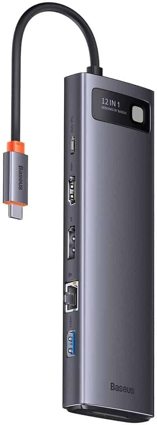 Baseus HUB Metal Glam Series 12-in-1 (2xUSB-A 3.0, 2xUSB-A 3.2, Type-C male, Type-C female, HDMI 8K 30Hz, DP Jack 8K 30Hz, RJ45, SD/TF reader, 3.5 mm Jack Socket) — Grey