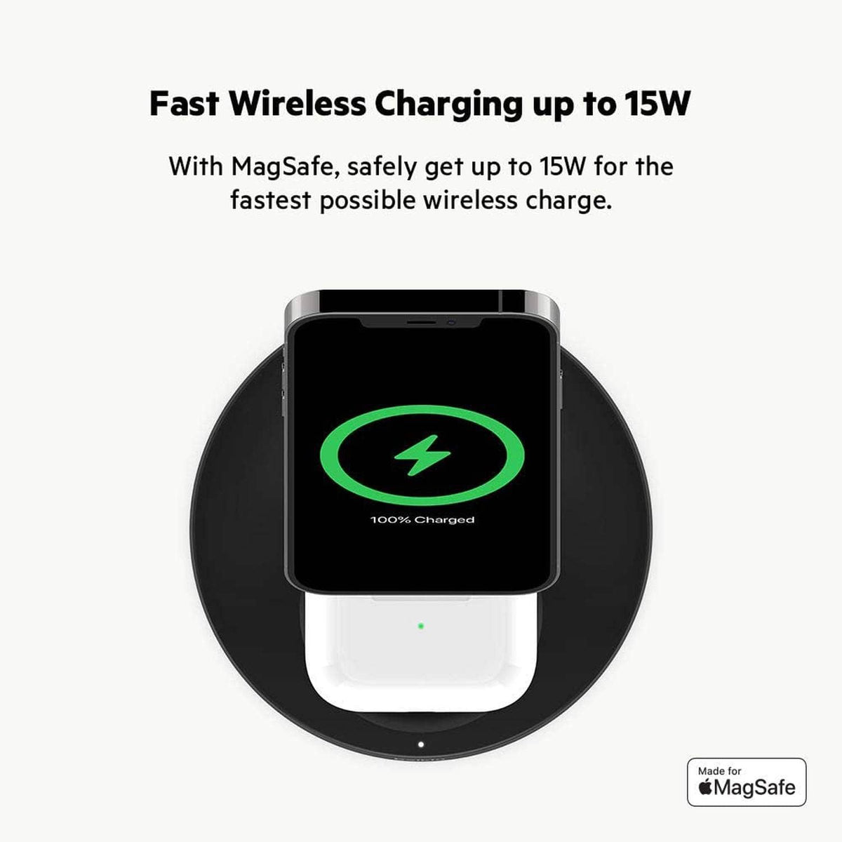 Belkin 2 in 1 Wireless Charger with MagSafe, 15W Fast Charging iPhone Charger Stand for iPhone 13 Series, Airpods and Other MagSafe Enabled Devices with Included Power Adapter Black, WIZ010myBK