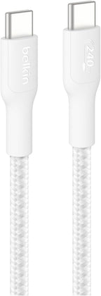 Belkin Eco Braided USB-C to USB-C Cable, 3M 240W Flexible Fast Charging Cable, USB C Charging Cable for iPhone 16, Galaxy S25, Pixel 9, MacBook, iPad Pro and More - White USB 2.0