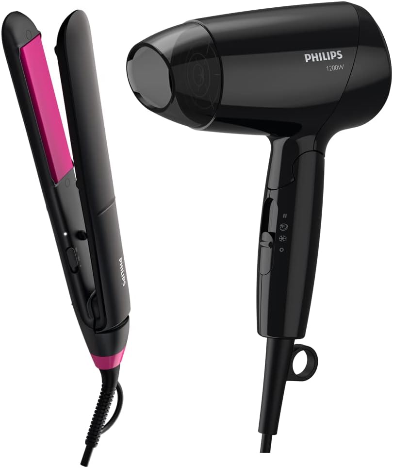 Philips StraightCare Essential ThermoProtect Hair Straightener, BHS375/03 with Philips Essential Care Hair Dryer, Bhc010/13. — silver or gray