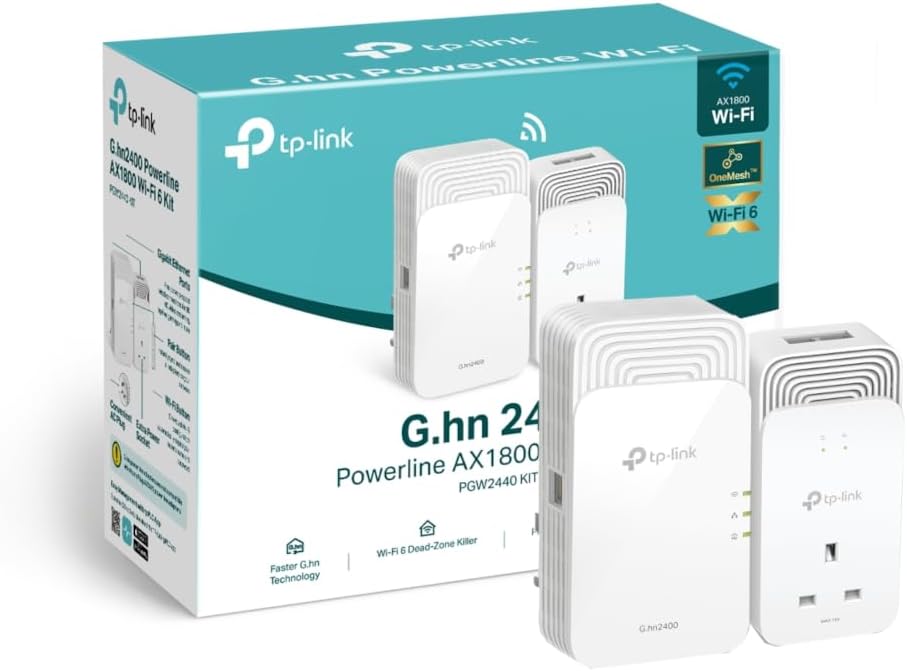 TP-Link Powerline WiFi G.hn2440, WiFi 6 AX1800, up to 1428 Mbps via Powerline, Integrated Socket (Type F), Ideal for enjoying multi-TV service at home, Compatible with all boxes, PGW2440 KIT
