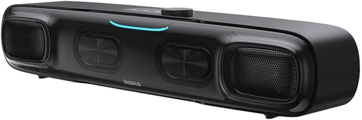 Baseus Wireless Single Soundbar Speaker With Bluetooth 5.3, App Controlled Mini Soundbar, Triple Audio Modes, 7-Colors RGB, Cable Audio with Microphone for TV, PC — modern/minimalist — Transparent/Blue