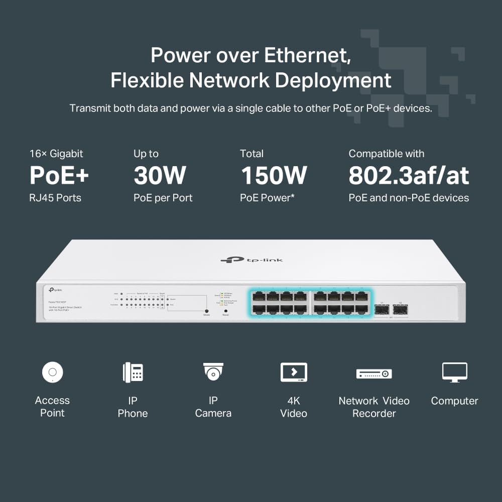 TP-Link Festa FS318G 18 Port Gigabit Smart Managed Network Switch - 16 RJ45 ports & 2 SFP slots, Free Cloud Access, Static Routing, Vlan, IGMP Snooping, rack-mountable, fanless, Does not work w/ Omada