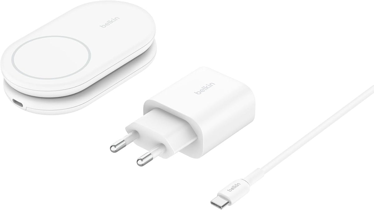 Belkin BoostCharge Magnetic Foldable Qi2 Charger 2 in 1 Power 15W MagSafe Compatible Wireless Charger for Apple iPhone 16/15/14/13 with Non-slip Base, Power Supply Included - White