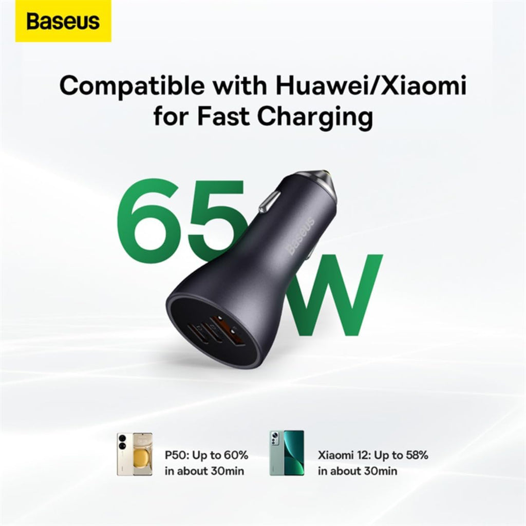 Baseus Fast Car Charger USB-A car charger 2x USB-C 65W Dark grey Fast Charging Car Power Adapter — Dark Grey