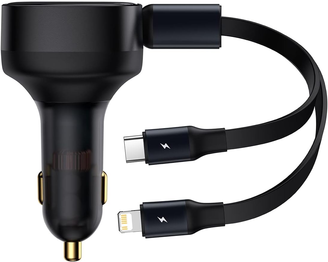Baseus Enjoyment 30W Retractable 2-in-1 Car Charger, Fast Charging with Built-in Lightning & Type-C Cable, PD & QC 3.0, for 12V-24V Cars (Black) — Black