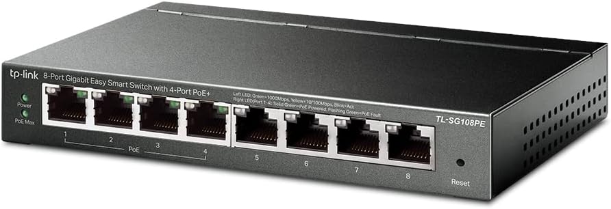 TP-Link PoE Switch 8-Port Gigabit, 4 802.3af/at PoE+ ports up to 30 W for each PoE port and 64 W for all PoE ports, Metal Casing, Network monitoring, VLAN, QoS, PoE Auto Recovery (TL-SG108PE V3)