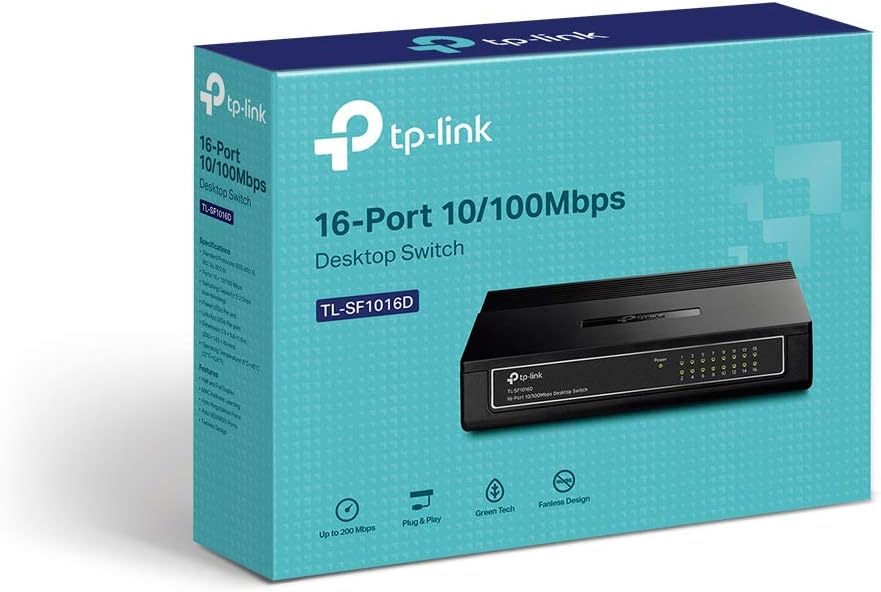 TP Link TL SF1016D 16 Port 10/100 Mbps Desktop Ethernet Switch/Hub, Ethernet Splitter, Plug & Play, No Configuration Required, Black, 16 port Fast | Desktop