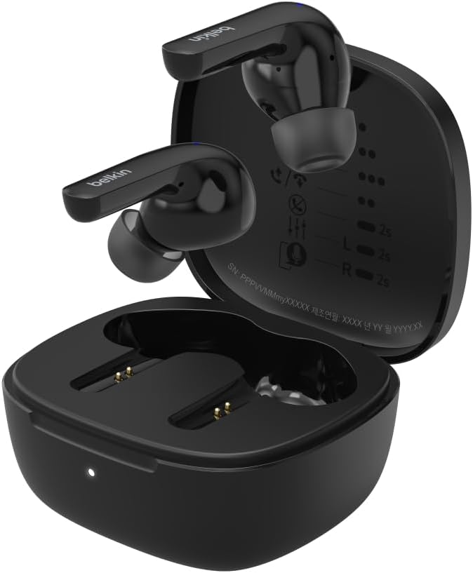 Belkin SoundForm™ Motion True Wireless Earbuds, Noise Cancelling Ear Buds with Wireless Charging Case & Dual Microphone - IPX5 Water Resistant Bluetooth Headphones for iPhone & Samsung - Black
