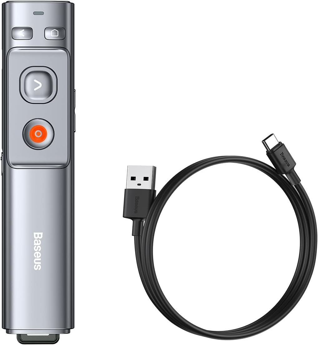 Baseus Orange Dot Wireless Presenter with Red Laser – Rechargeable Presentation Clicker with USB A/C Receiver, 100m Range for PowerPoint, Keynote, Windows, Mac - Grey — Pointer
