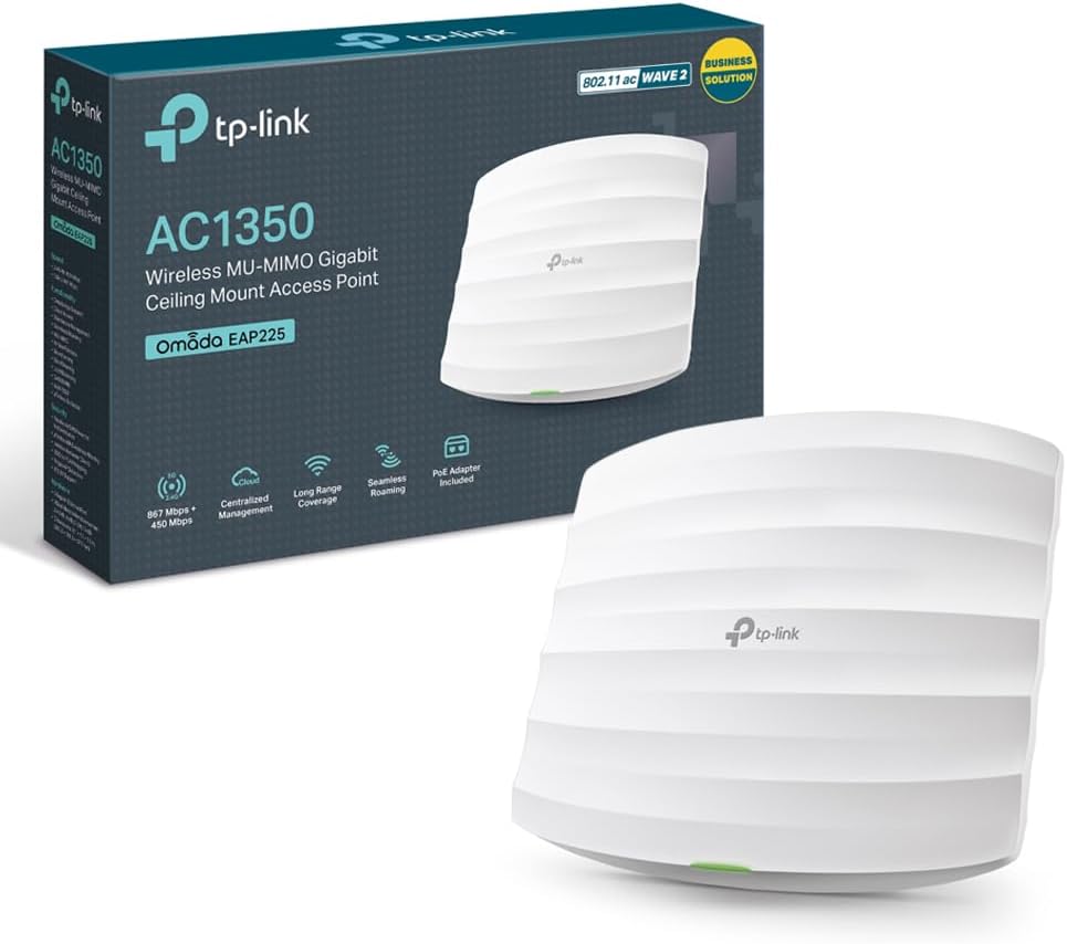 TP-Link EAP225 Dual-Band WLAN Access Point (Dual Band 1350 Mbps, 802.3af/at PoE, Omada SDN, Central Management, Professional Mesh WLAN, Suitable for Wall and Ceiling Mounting) White