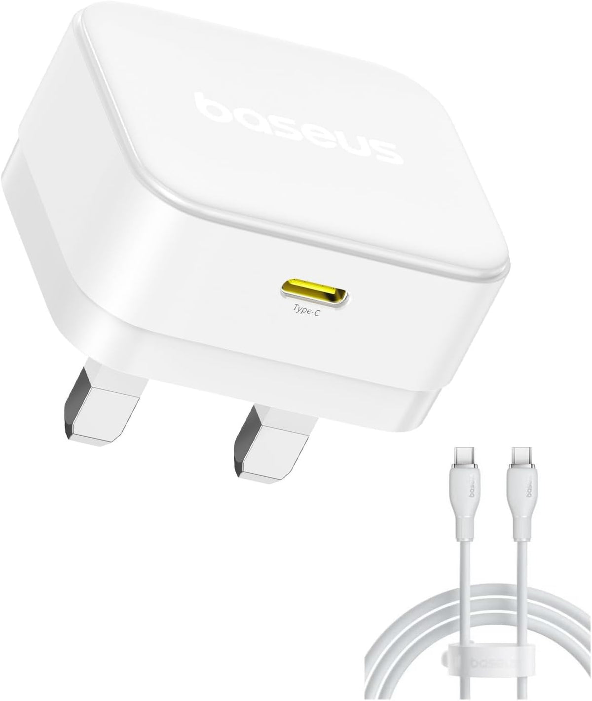 Baseus Palm 30W GaN USB-C PD Charger with 1m Type-C Cable 60W, Fast Charging Wall Adapter Kit — 30W-1C-UK-CABLE — White
