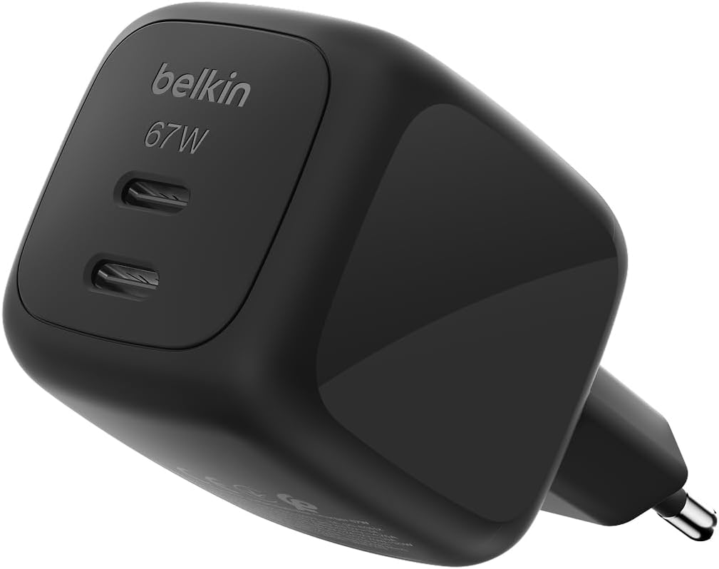 Belkin 2-Port USB C Plug 67W, Dual-Port GaN Charger with 2x USB C Ports, Fast Charging for MacBook, iPhone 17, iPad Pro, Chromebook, Galaxy S25 Ultra, Pixel 10, etc. - Travel Essentials - Black