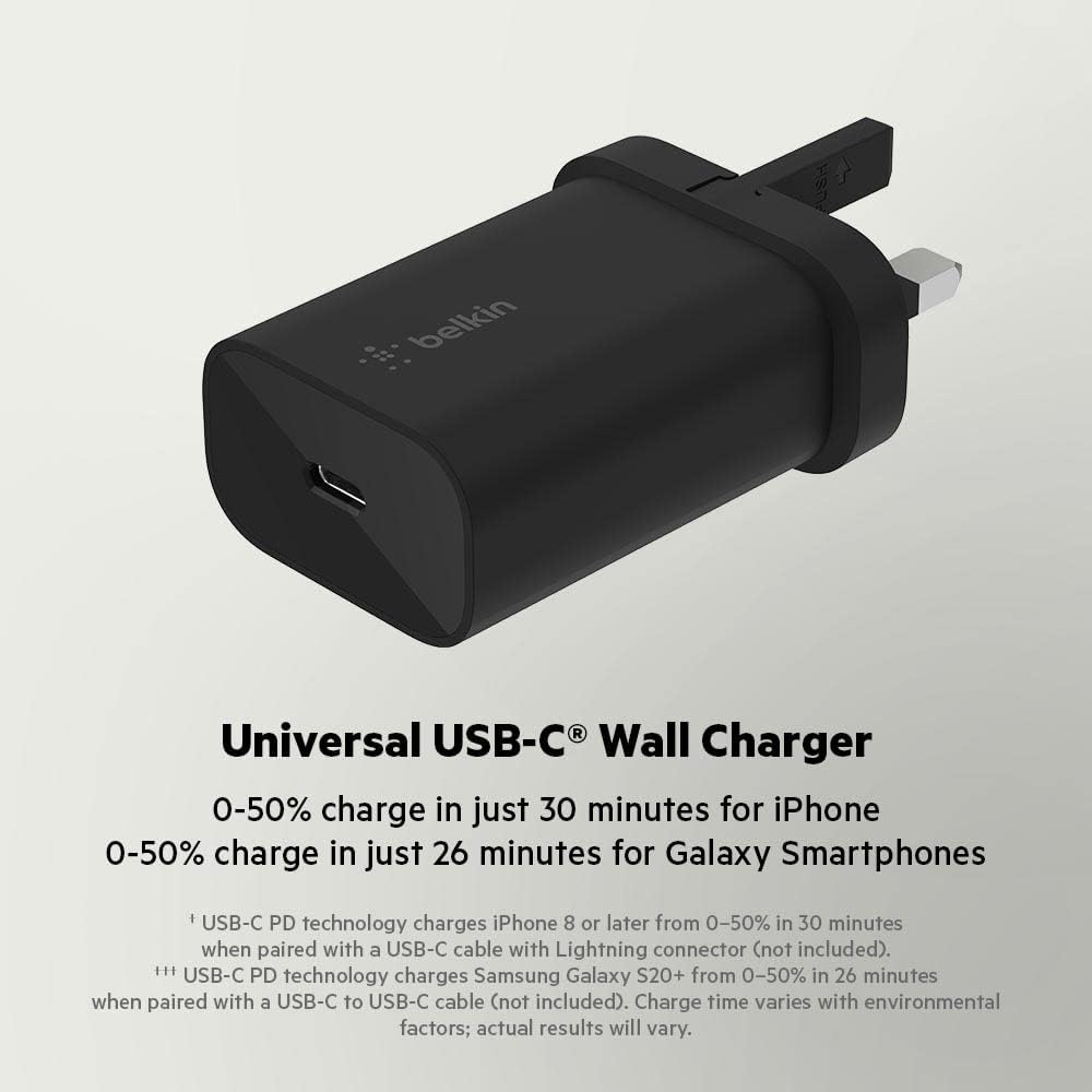 Belkin BoostCharge 25W Wall Charger with PPS, USB Plug with USB-C Power Delivery, Fast Travel USB Charger for iPhone 17, Air, Samsung Galaxy S25, iPad, Pixel, tablets and more - Black