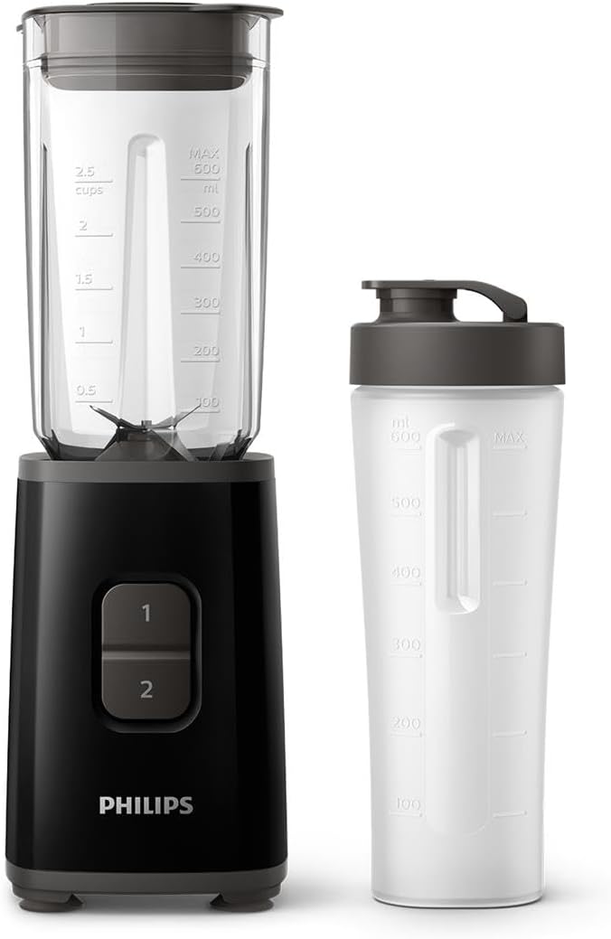 Philips Daily Collection Mini Blender and Smoothie Maker, 350W, 1L Jug, On-the-go Tumbler, Dishwasher Safe, Recipe App, 2 Speeds, Ice Crush, Quick Clean, Deep Black (HR2602/91) — black