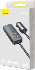 Baseus 120W 4-Port Car Charger Adapter with 5FT Cable, Fast Charging for Multiple Devices — Grey