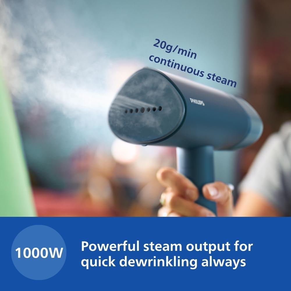Philips Handheld Garment Steamer STH3000/20 - Compact & Foldable, Convenient Vertical Steaming, 1000 Watt Quick Heat Up, up to 20g/min, Kills 99.9% Bacteria (Reno Blue), Small — Reno Blue