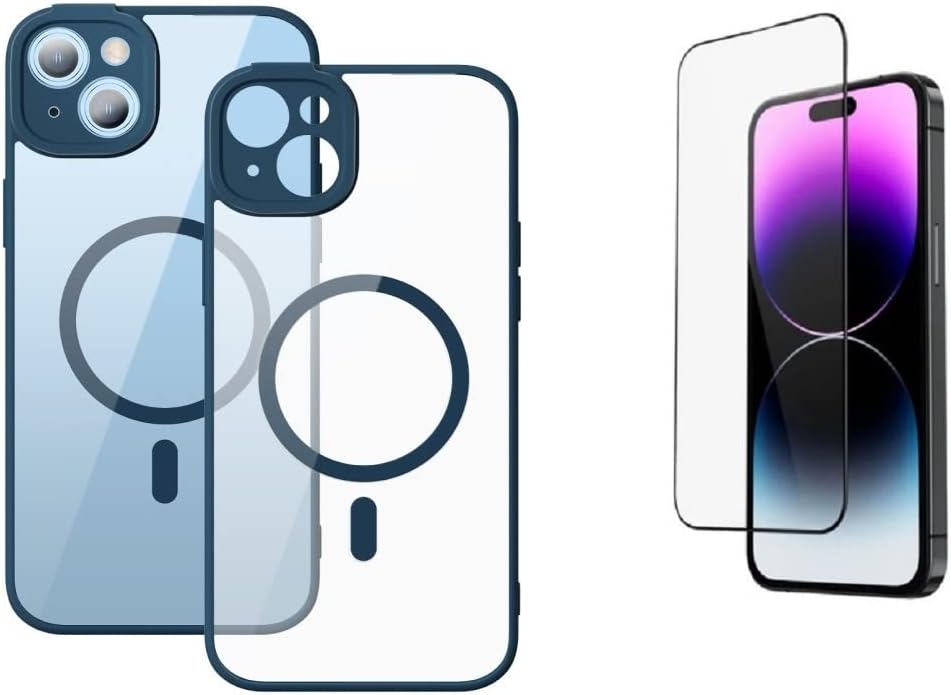 Baseus Frame Series Magnetic Case for iP 14 Pro (Pack of 1 with full coverage tempered glass screen protector and cleaning kit), Blue — Blue