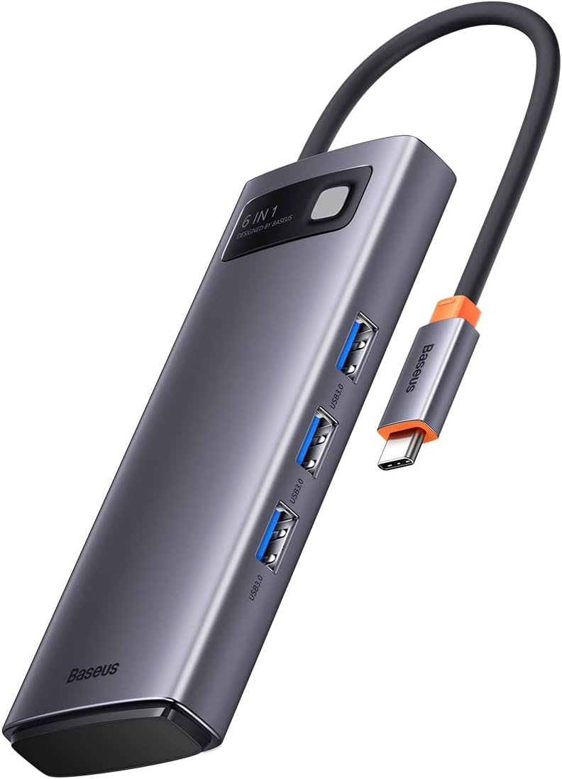 Baseus 6 in 1 USB C Docking Station, 10Gbps USB C Hub with 3 USB A/C Ports, 4K@60Hz HDMI, Gigabit Ethernet, 100W PD, USB Hub for Laptops, iPhone 15 Pro Max, MacBook, iPad — 6 in 1-GS — Grey