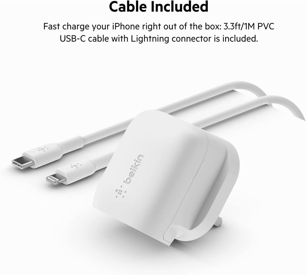 Belkin 20W USB-C Power Delivery Fast Wall Charger With Lightning Cable, Certified PD 3.1 PPS and Travel Sized Design for iPhone 14, Pro, Max, Mini, iPad, Galaxy, Pixel and More