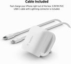 Belkin 20W USB-C Power Delivery Fast Wall Charger With Lightning Cable, Certified PD 3.1 PPS and Travel Sized Design for iPhone 14, Pro, Max, Mini, iPad, Galaxy, Pixel and More