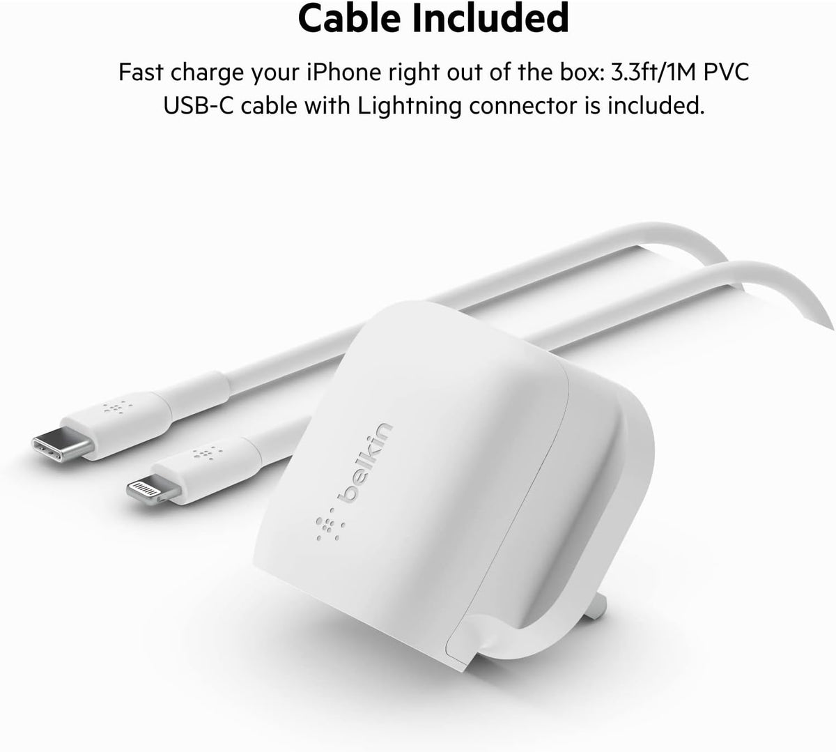 Belkin 20W USB-C Power Delivery Fast Wall Charger With Lightning Cable, Certified PD 3.1 PPS and Travel Sized Design for iPhone 14, Pro, Max, Mini, iPad, Galaxy, Pixel and More