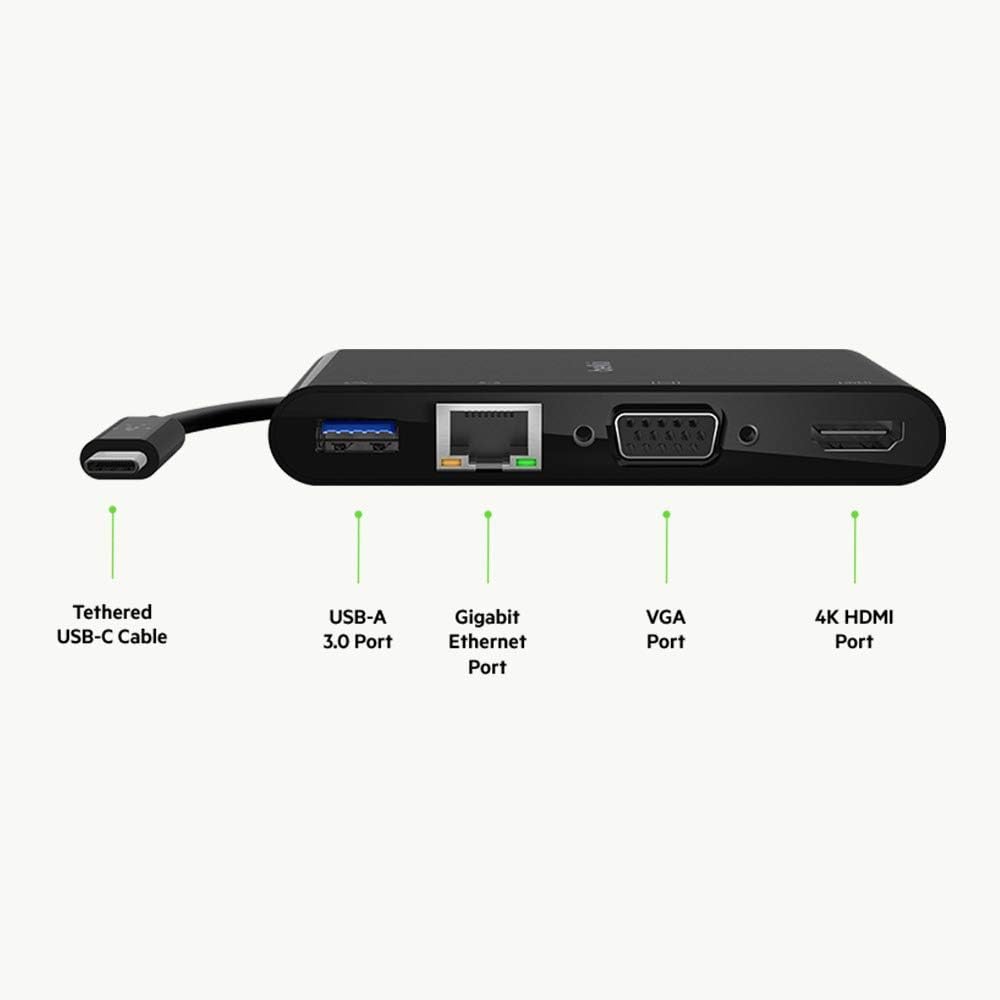 Belkin Usb C Multimedia Adapter Usb C Hub W/ Vga, 4K Hdmi, Usb 3.0, Ethernet Ports 100W Passthrough Power For Macbook Pro, Ipad Pro, Surface Pro, Chromebook More, Avc004