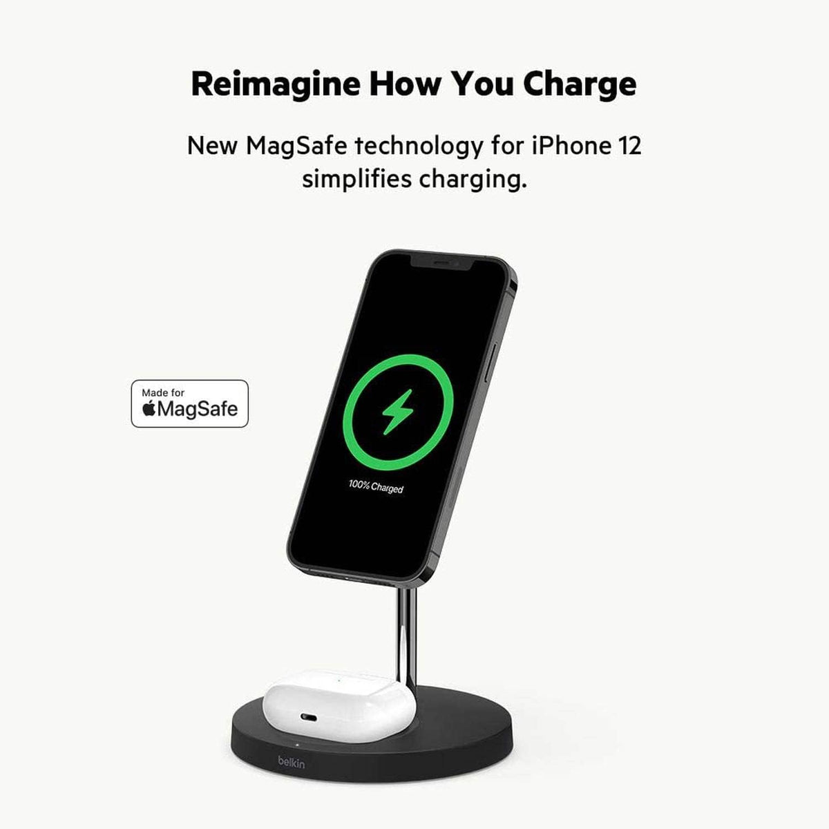 Belkin 2 in 1 Wireless Charger with MagSafe, 15W Fast Charging iPhone Charger Stand for iPhone 13 Series, Airpods and Other MagSafe Enabled Devices with Included Power Adapter Black, WIZ010myBK