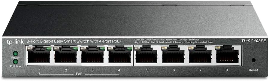 TP-Link PoE Switch 8-Port Gigabit, 4 802.3af/at PoE+ ports up to 30 W for each PoE port and 64 W for all PoE ports, Metal Casing, Network monitoring, VLAN, QoS, PoE Auto Recovery (TL-SG108PE V3)