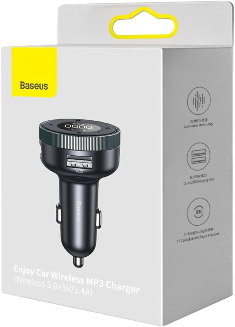 Baseus Bluetooth FM Transmitter 5.0 Car Wireless MP3 Charger 5V/3.4A Dual USB Adapter with LED Digital Display Multi-functional Ports Car Kit Built-in Mic Support Hands-Free Call