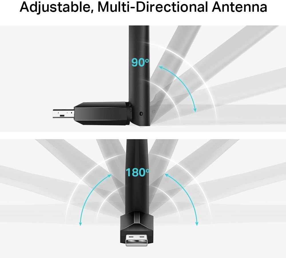TP-Link AC600 High Gain USB Wi-Fi Dongle, Dual Band Wi-Fi Adapter with 5dBi Antenna for PC/Desktop/Laptop, Supports Windows11/10/8.1/8/7/XP, Mac OS X 10.9-10.14 (Archer T2U Plus)