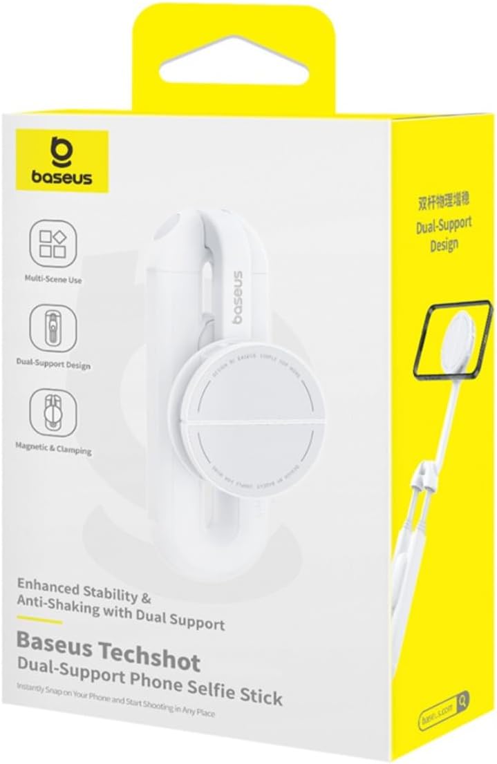 Baseus TechShot Dual-Support Selfie Stick & Foldable Phone Stand , 3-Stage Extendable Aluminum Monopod with Detachable Bluetooth Remote (10m) , Low-Angle Mode — White