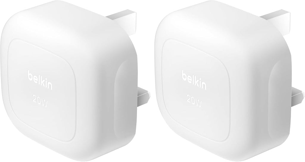 Belkin BoostCharge 20W Cubic Wall Charger, USB-C Power Delivery Fast Charging for Apple iPhone Air, iPhone 16, iPhone 15, Samsung Galaxy S25, Google Pixel, iPad, AirPods & More - White (Pack of 2)