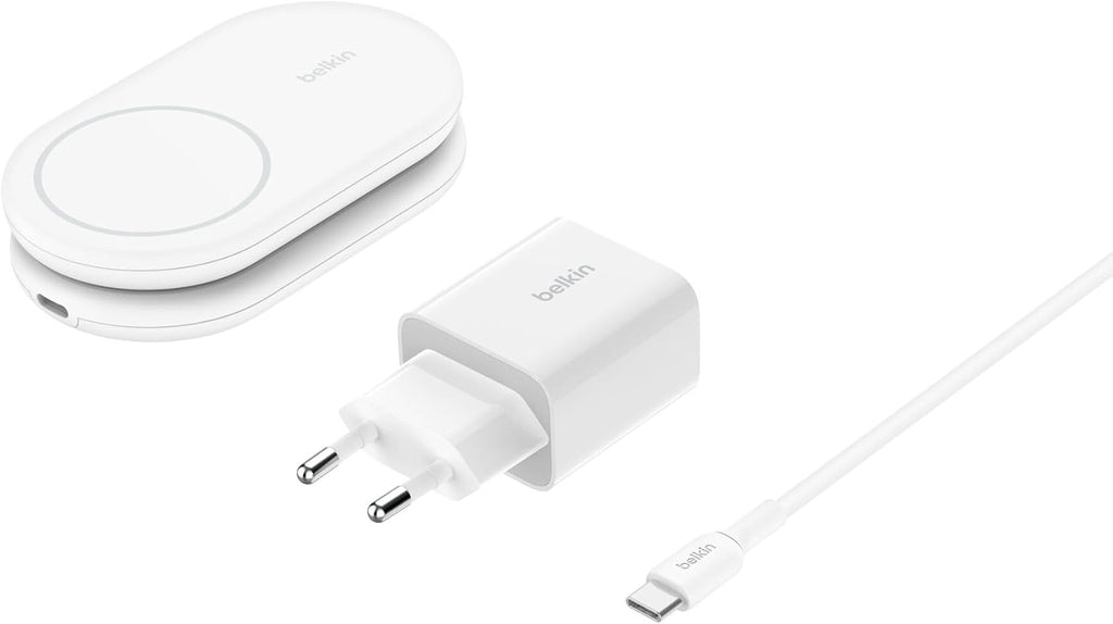 Belkin BoostCharge Qi2 Charging Cradle (Foldable Charger, MagSafe Compatible, 15W, for iPhone 16, 15, 14, 13, Standy Compatible Charger, AC Adapter Included, White)