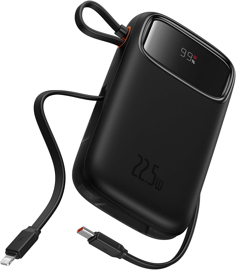 Baseus Qpow2 10000mAh Power Bank with Built-in Cables, 22.5W Fast Charging Portable Charger with LED Display, 4 Output Battery Pack — 10K-22.5W-C+L — Black