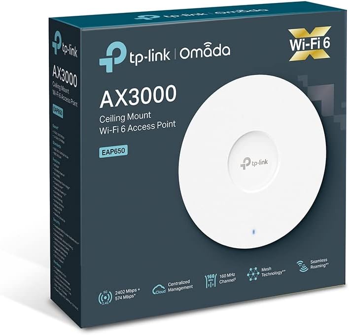 TP-Link Omada EAP650 AX3000 Planfonar WiFi 6 Access Point, 1 Port Gigabit Ethernet Support PoE+, Roaming Transparent, Omada Mesh
