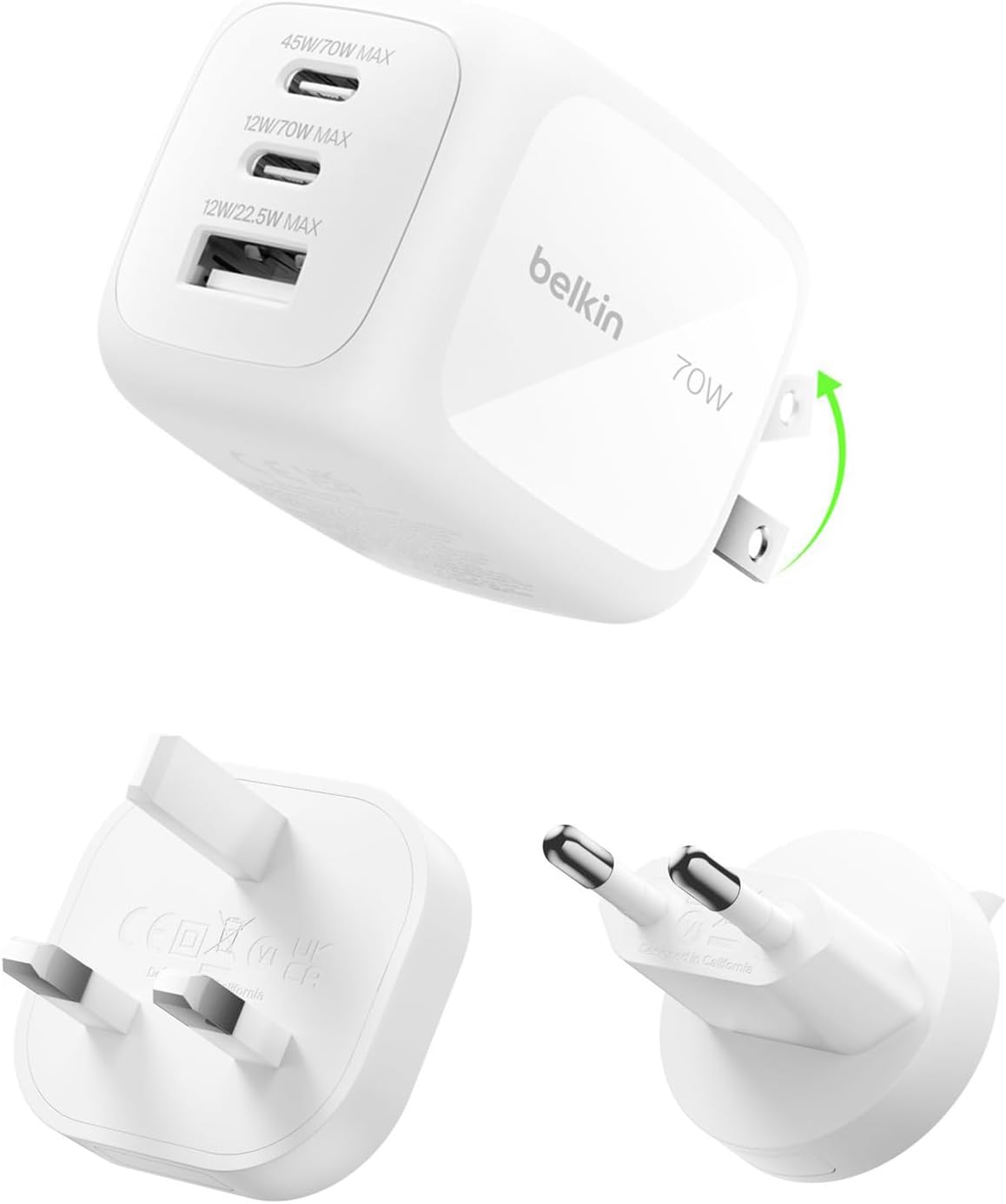 Belkin 3-Port USB-C Plug 70W, Multi-Port GaN Wall Charger with 2x USB-C & 1x USB A Ports, UK and US Plug Tips, Fast Charging for MacBook, iPhone 17, iPad, Samsung Galaxy S25, Google Pixel, etc - White