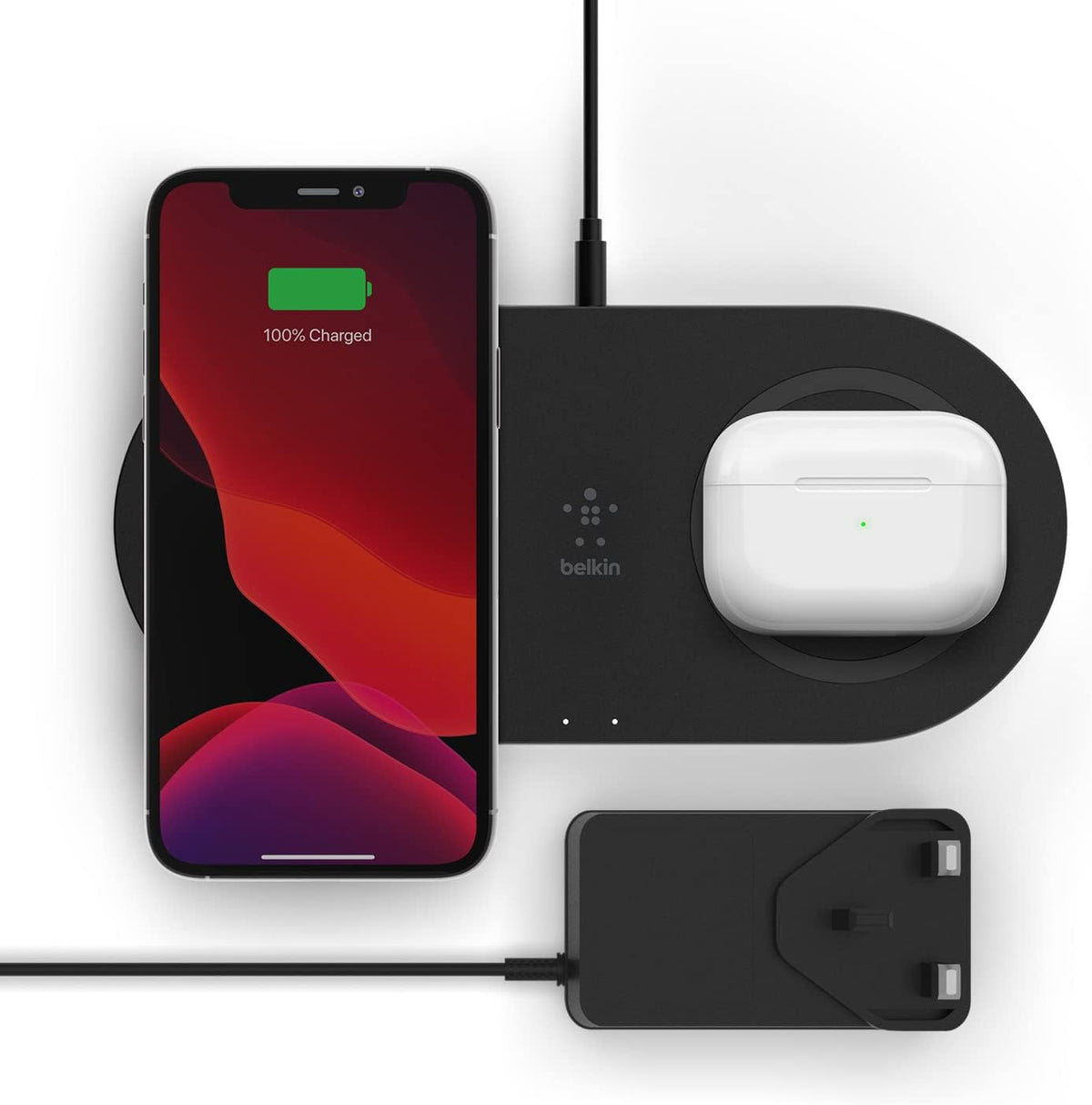 Belkin dual wireless charger (dual wireless charging pad 15w) fast charge 2 devices at once, including iphone, airpods, galaxy, pixel, more - black