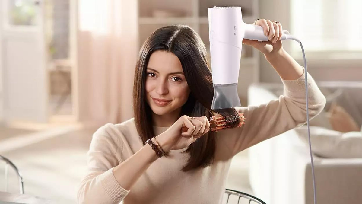 Philips 5000 Series Hair Dryer with ThermoShield Technology, 3 Heat and 2 Speed Levels, 2,100 W Drying Power (Model BHD500/00) — Metallic White