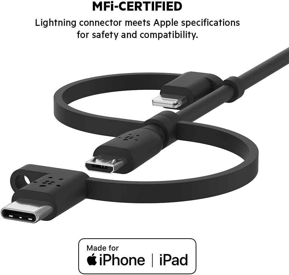 Belkin Universal Cable (3-in-1 USB-C, Lightning, Micro-USB Charging Cable) Charge Smartphones, Tablets, Power Banks and more (3.3ft/1m)