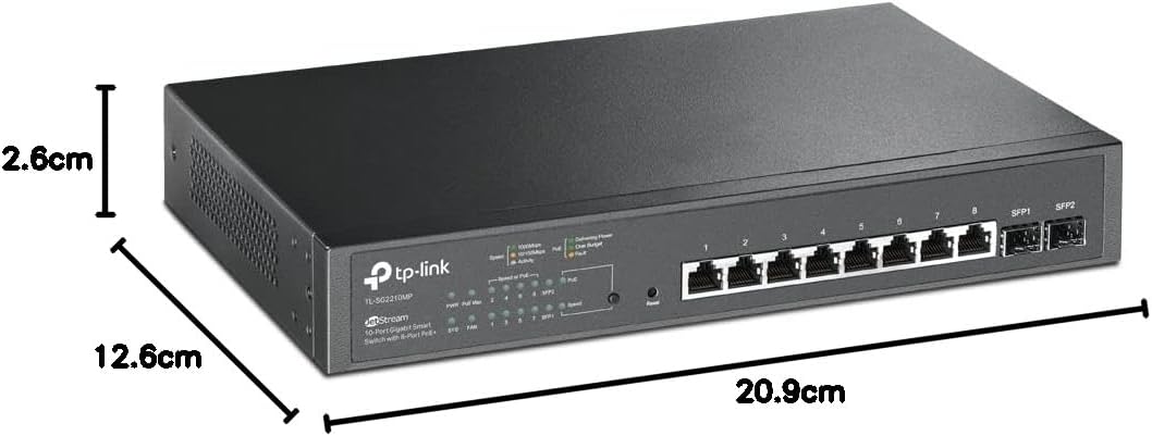 TP-Link SG2210MP JetStream 10-Port Gigabit Smart Switch with 8-Port PoE+, 2 SFP slots (150 W, Rackmount), Black